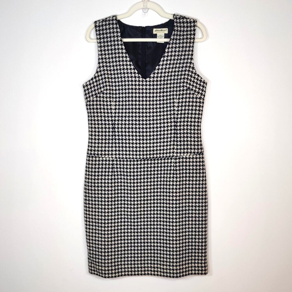 Eddie Bauer Wool Blend Houndstooth Black Cream Sleeveless Dress M Classic Chic - Picture 2 of 7